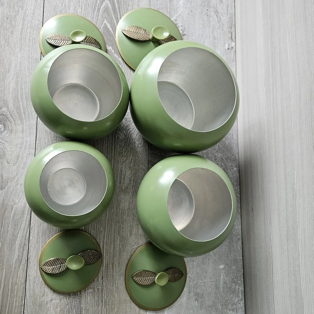 intage Chrom-Ever Avocado Green Apple Canister Set 4 MCM Enameled Aluminum Retro